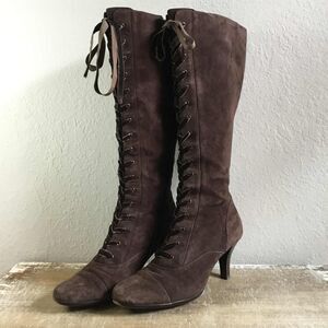 Y2K Brown Suede Renaissance Fair Fantasy Fairycore Lace Up Heeled Boots 9M